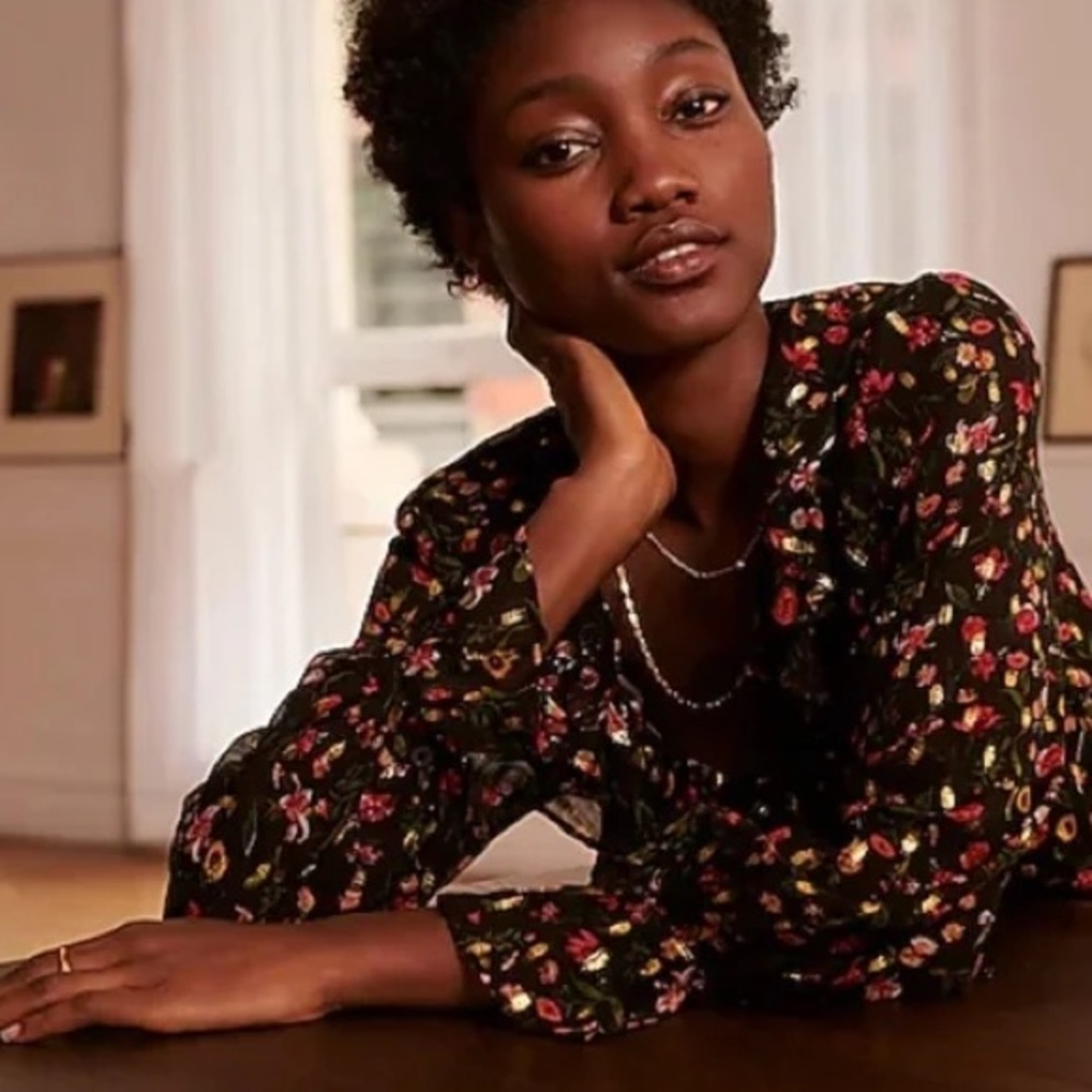 J. Crew Ruffle Neck Top in Midnight Vintage Floral Gold Metallic Size S